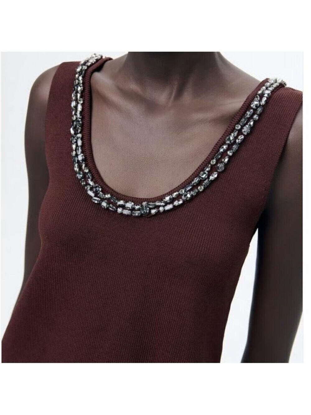 NWT Zara Jewel Beads Ribbed Knit Burgundy Top S